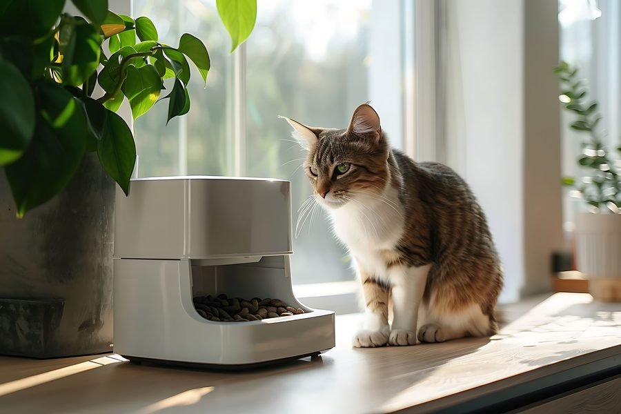 Chat près d'un distributeur automatique de croquettes