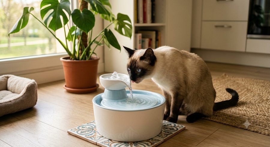 Chat buvant à une fontaine à eau