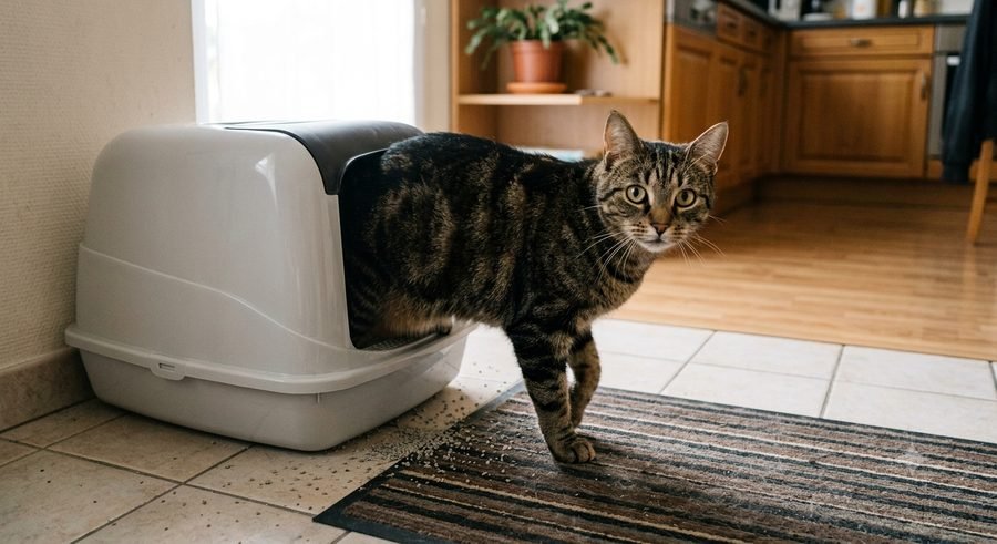 Chat sortant de sa litière