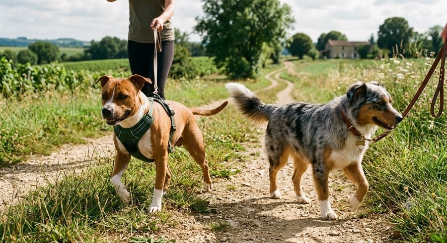 Deux chiens en balade, l'un avec un collier, l'autre avec un harnais