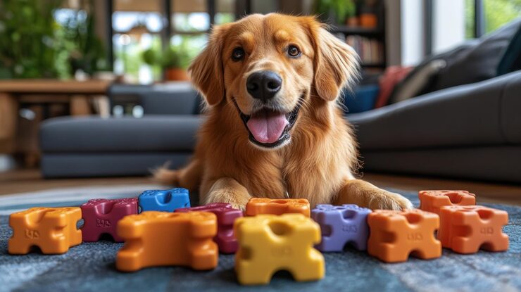 Chien jouant à un puzzle