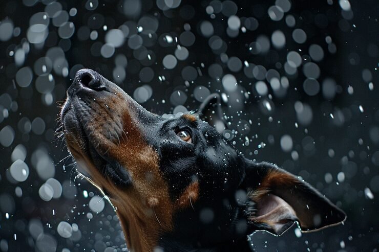 Chien jouant à l’intérieur un jour de pluie