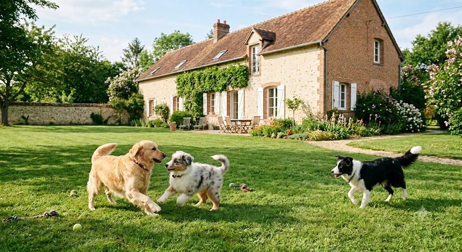 Plusieurs chiens jouant ensemble dans un jardin, cohabitation réussie