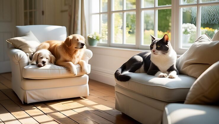 Chat et chien se reposant calmement dans le même salon