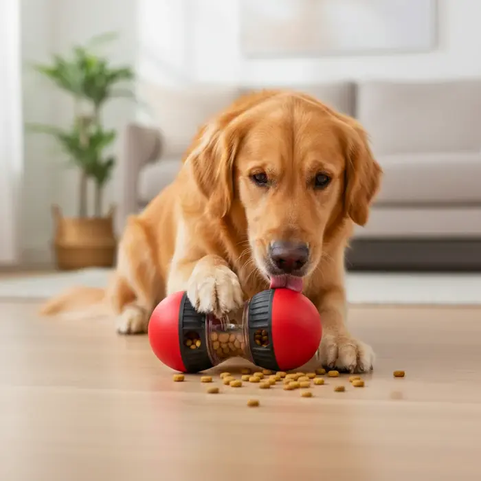 Chien qui joue avec un jouet à croquettes