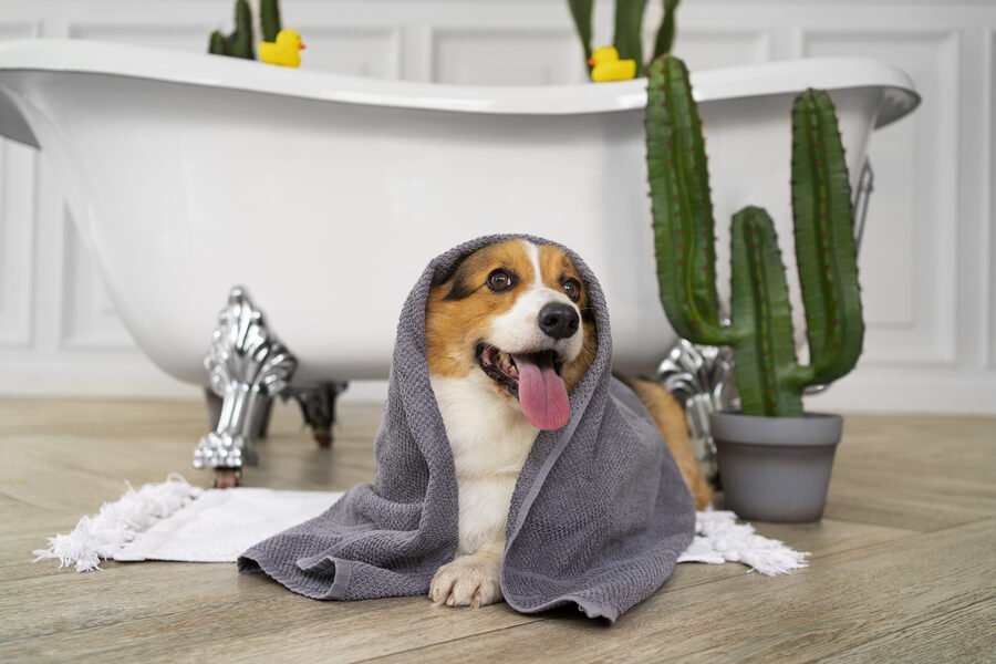 Chien après un bain, enveloppé dans une serviette